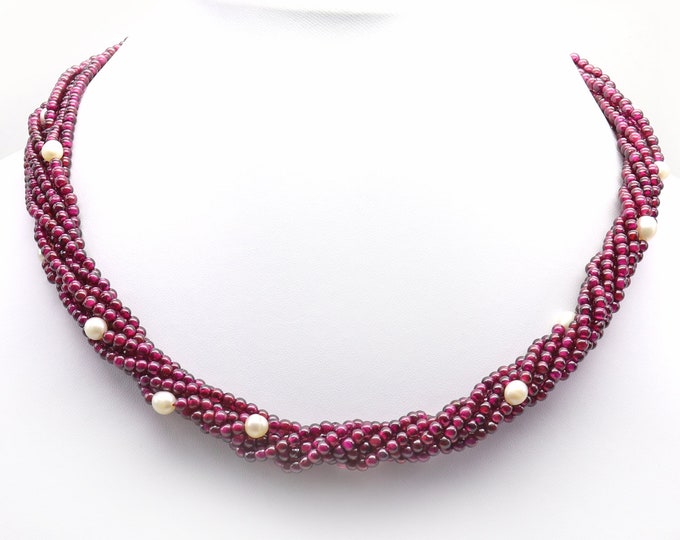 Twisted Necklace Of Natural RED GARNET, Chinese White PEARL Round Beads With 925 Sterling Silver Lobster clasp