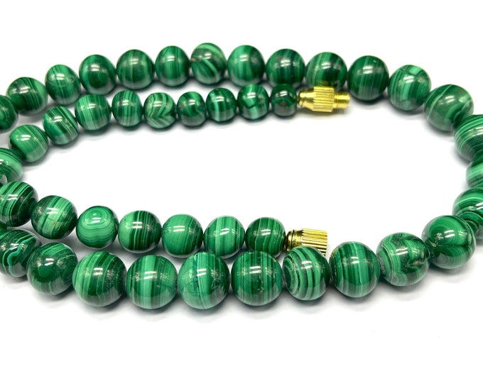 Natural MALACHITE/Smooth round/Width 10MM to 13MM/Beautiful deep green color beads/Length 21 inches long/Top quality Malachite beads/Rare