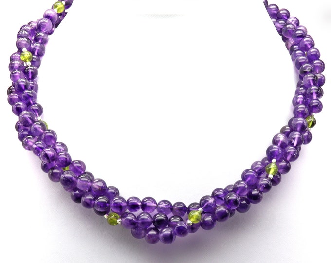 Twisted Necklace Of Natural AMETHYST, Natural PERIDOT Smooth round  Beads With 925 STERLING Silver balls and lobster Clasp