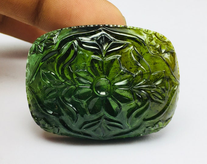 Natural GREEN TOURMALINE/Hand carved/Cushion/Cabochon/Width 34.48MM/Length 45.41MM/Height 7.00MM/Weight 108.50 carats/Fancy carving/Unique
