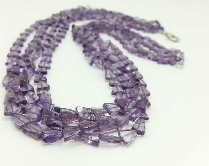 Amethyst Quartz Gemstone Smooth Square Shape Beaded Necklace/4 Strands/27.00 Inches Longwith 925 Sterling Silver Hook