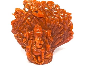 Natural CORAL/Hand carved/Lord GANESHA/Width 40MM/Length 40MM/Height 20MM/98.25 Cts/Unique/Not repeatable/Only one/Rare/