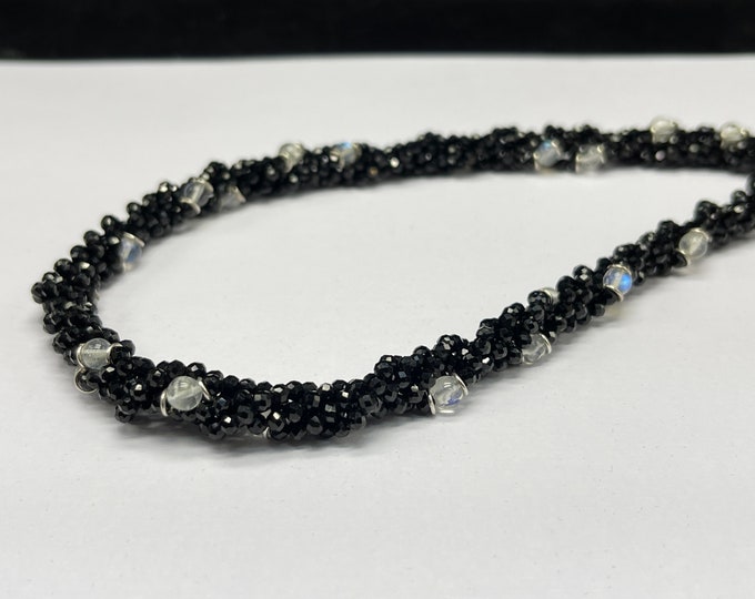 Designer Necklace/Genuine black stone faceted/Natural rock crystal faceted round/twisted/Length 29 inches/Rare