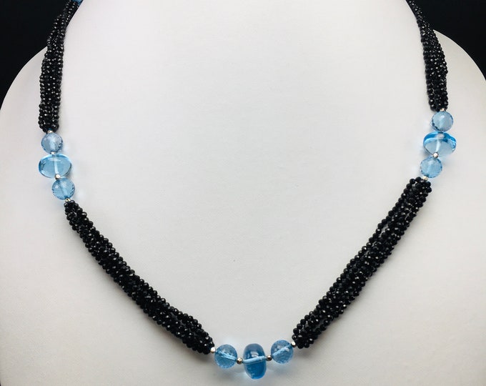 Designer necklace/Genuine Black stone/Genuine BLUE TOPAZ smooth rondelle & faceted round ball/Length 36 inches/Attractive black blue colors