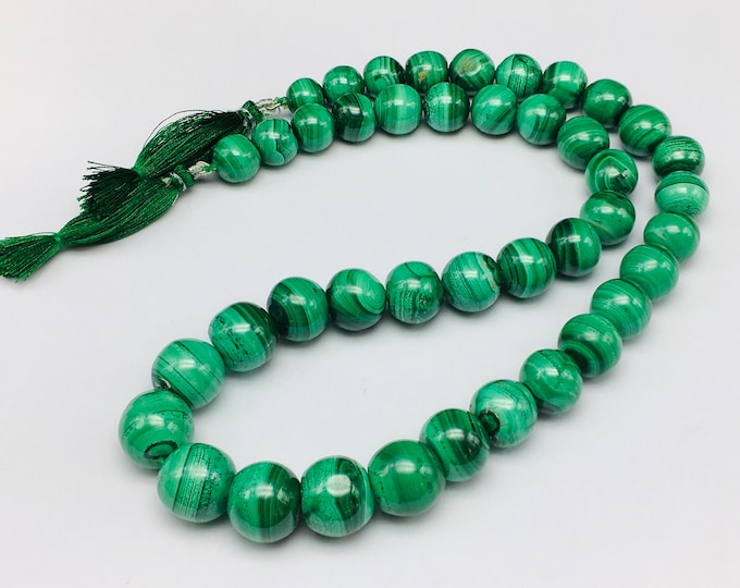 Natural MALACHITE/Smooth round/Width 11MM to 15MM/Beautiful deep green color beads/Length 21 inches long/Top quality Malachite beads/Rare