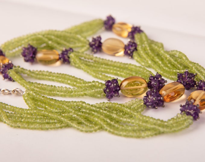35 Inche Long Necklace Made With Natural Gemstone PERIDOT Faceted Roundel CITRINE Quartz Smooth Oval Shape AMETHYST Faceted Shape 925 Silver