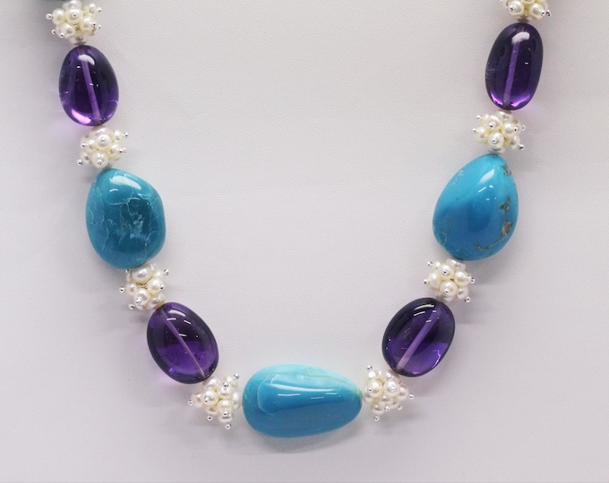 20 Inches Long Necklace Made With Natural Gemstones TURQUOISE, AMETHYST Smooth Tumble Shape PEARL Smooth Round Shape Beads 925 Silver