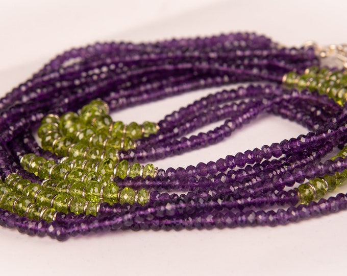 30 Inches Long Necklace Made With Natural Gemstone AMETHYST Faceted Roundel PERIDOT Faceted Roundel Shape Beads 925 Sterling Silver Clasp