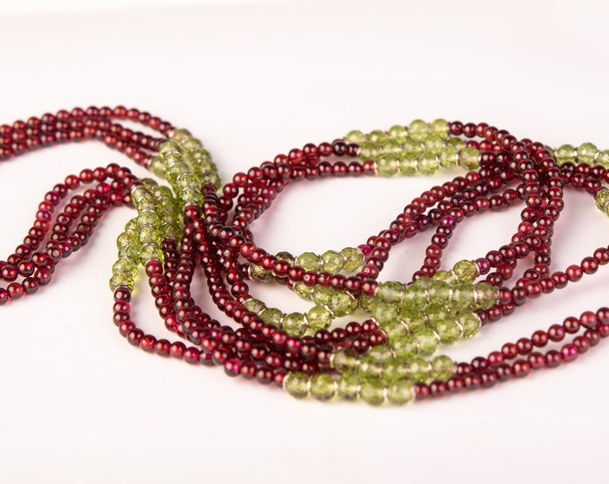 32 Inches Long Necklace Made With Natural Gemstones RED GARNET Smooth Round PERIDOT Faceted Round Shape Beads With 925 Sterling Silver