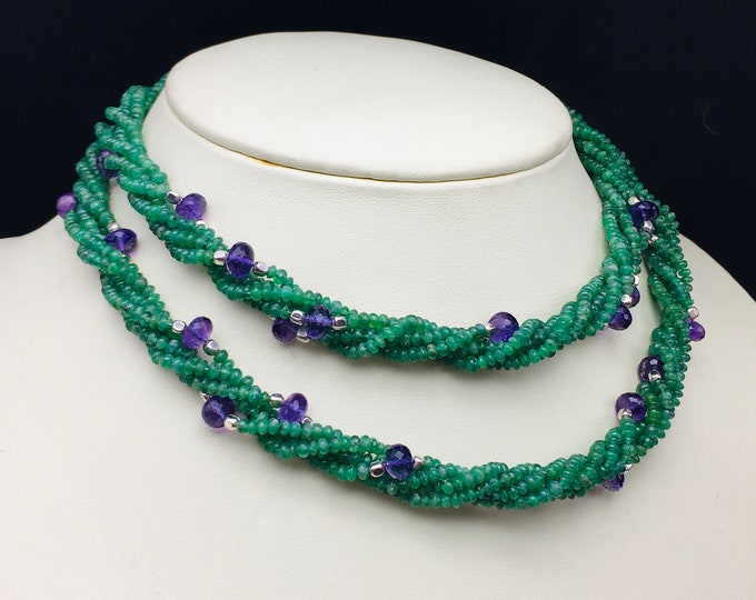 Natural EMERALD & AMETHYST/Smooth and faceted rondel shape/Emerald 3MM/Amethyst 6MM/30 inches long/Gemstone necklace/For women wear/Rare
