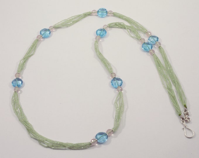 42.50 Inches Long Necklace Made With Natural Gemstones PREHNITE Faceted Roundel BLUE TOPAZ Faceted Round Coin Shape Beads With 925 Silver