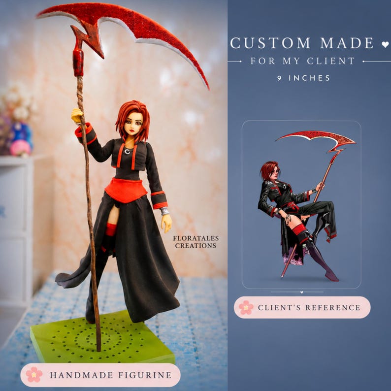 May include: Handmade figurine of a character with red hair, wearing a black and red outfit, and holding a red scythe. The figurine is approximately 9 inches tall. The text "FLORATALES CREATIONS" and "HANDMADE FIGURINE" are visible.