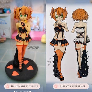 May include: A handmade figurine of an anime character with orange hair and green eyes, wearing a black and orange outfit. The figurine is 6 inches tall and stands on a black base with orange heart accents. The image also includes a reference drawing.
