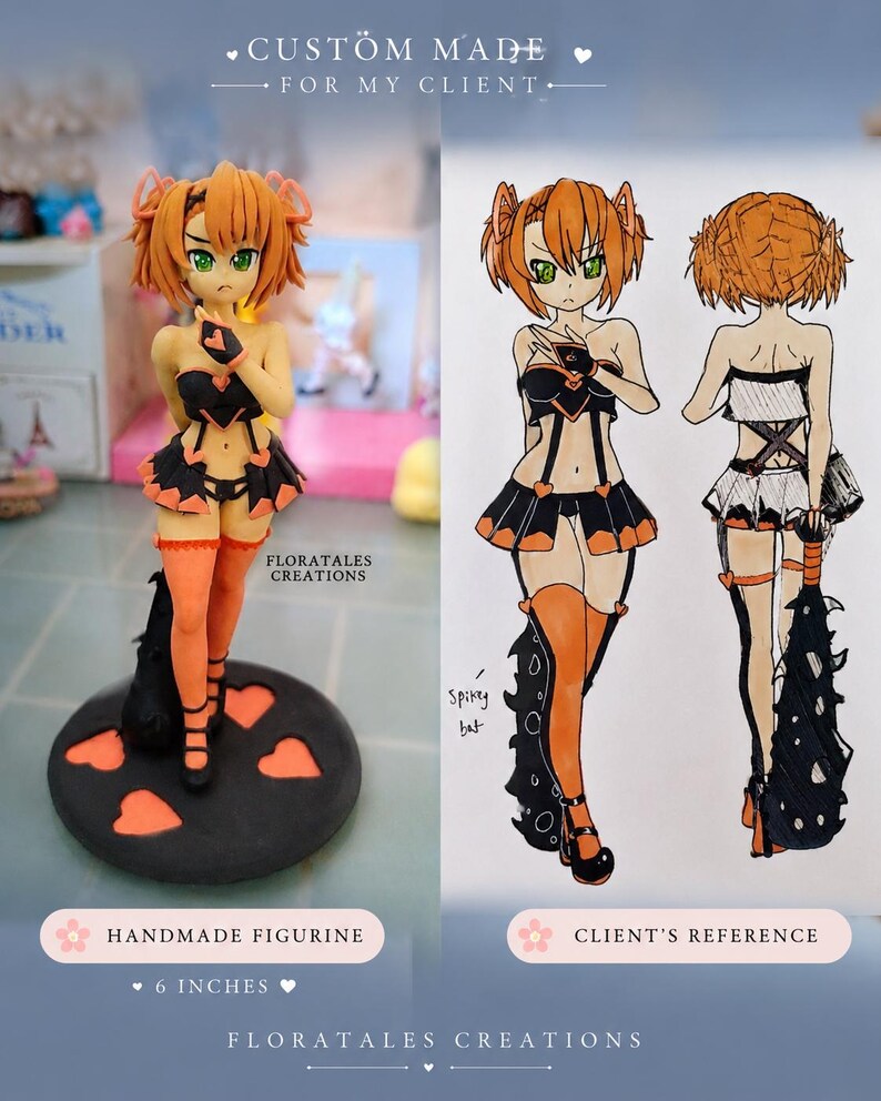 May include: A handmade figurine of an anime character with orange hair and green eyes, wearing a black and orange outfit. The figurine is 6 inches tall and stands on a black base with orange heart accents. The image also includes a reference drawing.