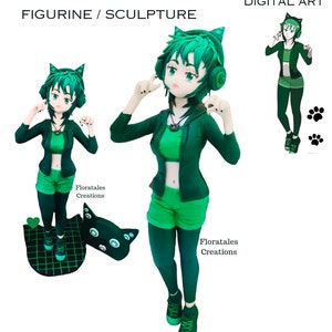 May include: A figurine of a green-haired anime-style character wearing cat ears, a green jacket, shorts, and leggings. The character is holding headphones and a necklace. The image includes a digital art version and a black cat-shaped pillow.