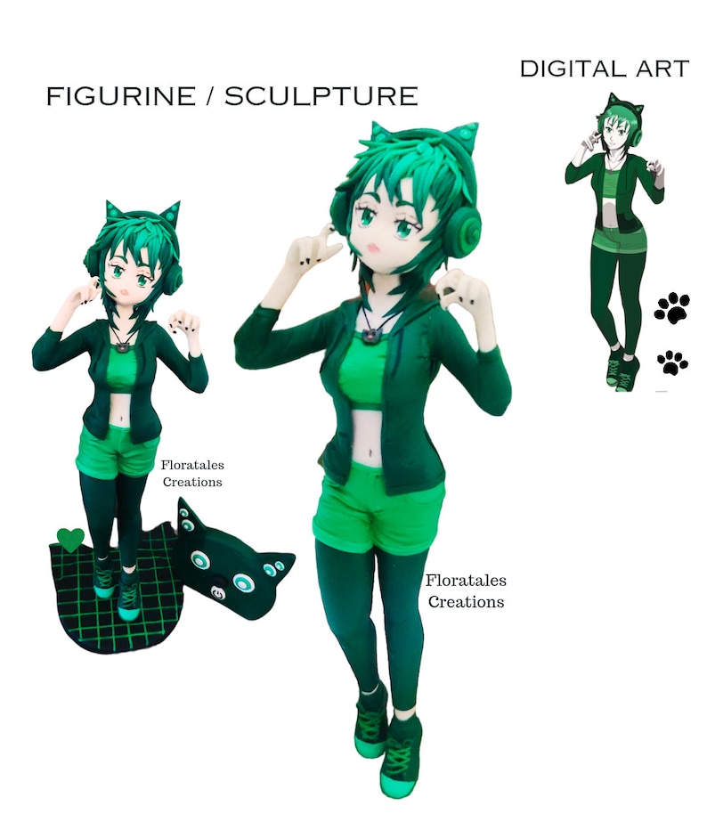 May include: A figurine of a green-haired anime-style character wearing cat ears, a green jacket, shorts, and leggings. The character is holding headphones and a necklace. The image includes a digital art version and a black cat-shaped pillow.