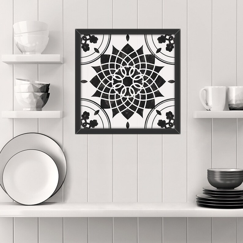 Black Tile Print Wall Art Geometric Decor Mandala Image 0