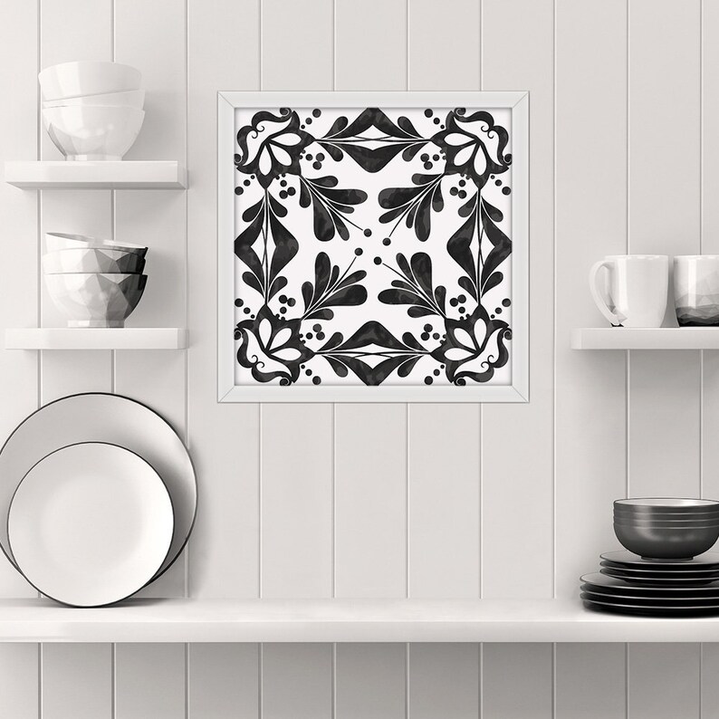 Watercolor Tile Wall Art Black And White Print Hand Drawn Image 0