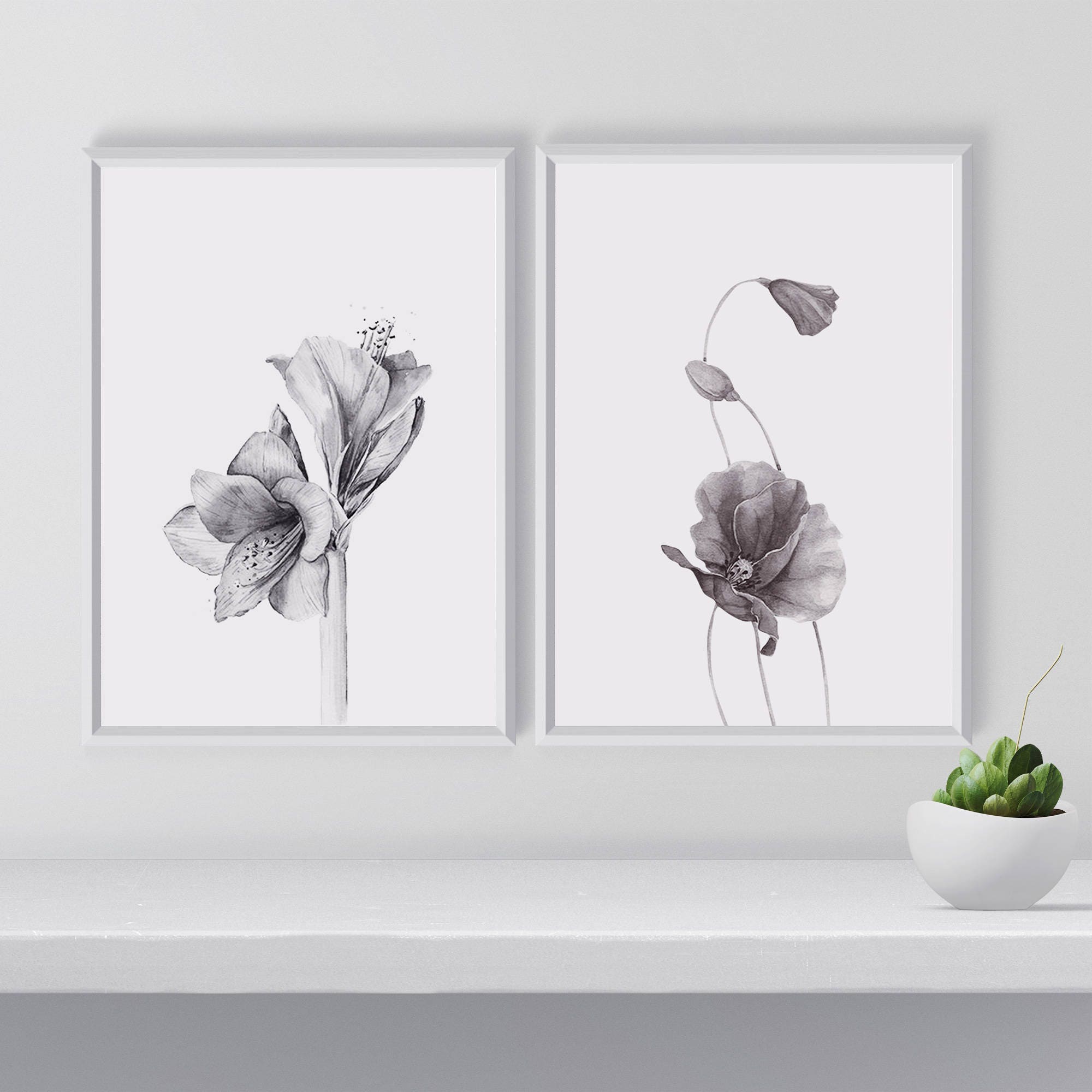 Set of black and white floral art print Modern Wall Art Art Etsy