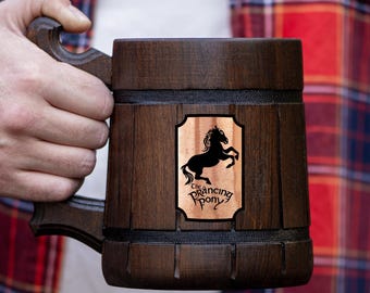 Prancing Pony Mug Custom Beer Stein Fantasy Tavern Wooden Tankard Personalized Medieval Engraved Christmas Gift for Him