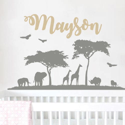 Personalized Safari Nursery Wall Decal Name. Wall Vinyl Sticker Nursery. Baby Name Wall Decal. Nature Wall Decal. African Nursery Decor F59