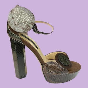 May include: High-heeled platform sandal with a snakeskin pattern in shades of brown, green, and gray. Features a thick heel, ankle strap, and a round accent on the toe. The platform sole is approximately 2 inches high.