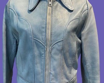 70,s Vintage Dagger Collar Leather Jacket … Vintage Pastel Blue Leather Jacket .. Mod Leather Jacket