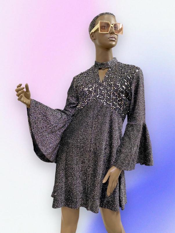 glitter 70s dress Vintage Sequin Mini Dress, Silver Lurex Butterfly Sleeve Hailey Bieber bow dress