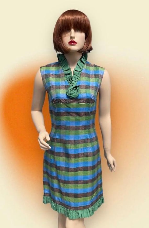 60s Vintage Blue Green Check Silk Mini Dress, Ruched Trim