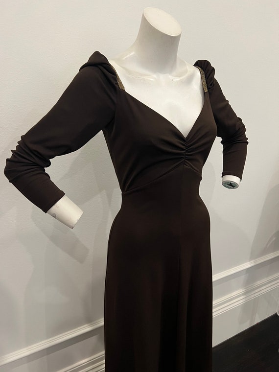 1970s brown Prue Acton jersey maxi dress! Excelle… - image 2