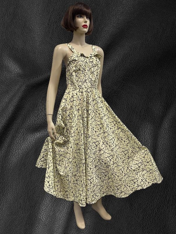 Vintage 50s Fit N Flare Dress and Bolero, Yellow Flocked Acetate