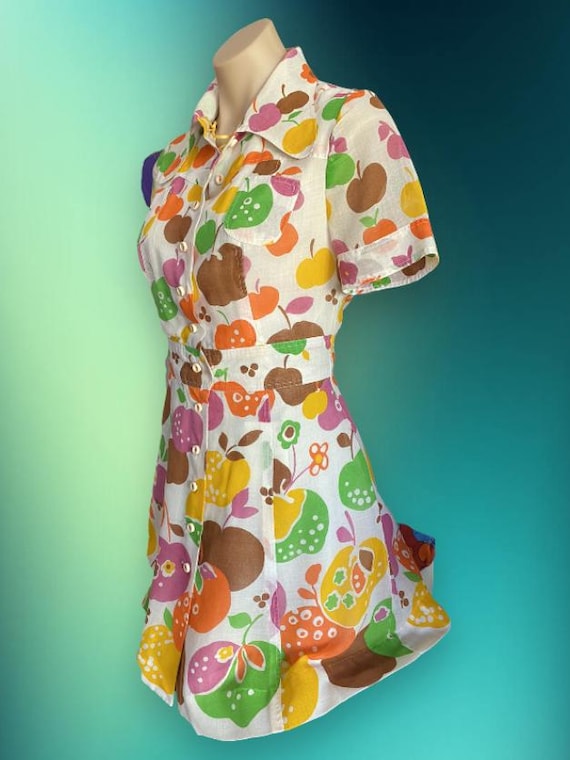 60s Vintage Mod Cotton Mini Dress, Apple Print