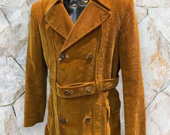 Vintage 70s Corduroy Jacket, Spanish Belted Tan Coat