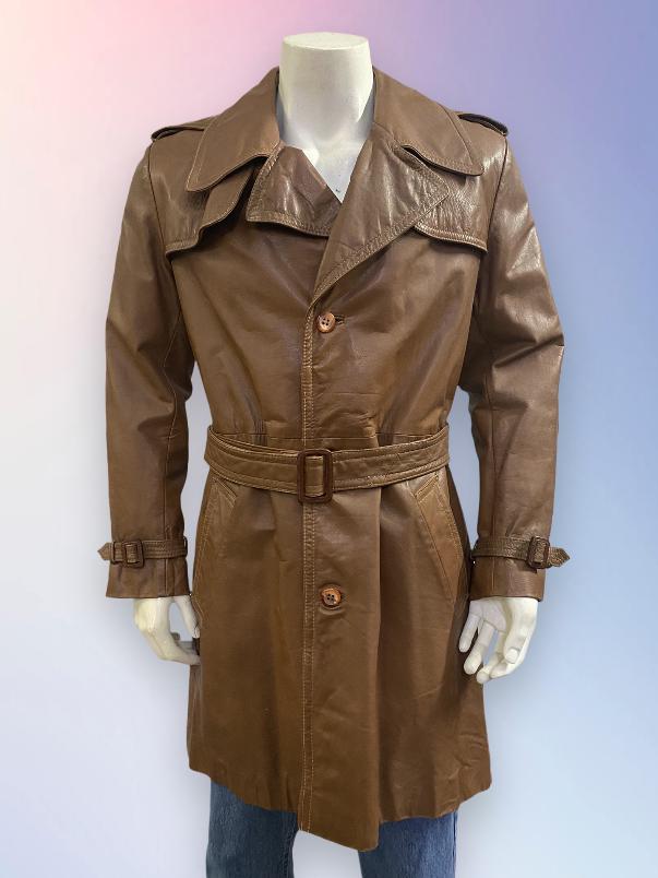 英国製 60s vintage レザーロングトレンチコート 古着 70年代ヴィンテージレザートレンチコート！レザートレンチコート