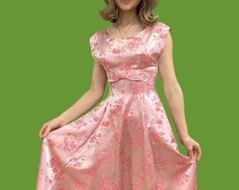 60s Vintage Pink Satin Party Dress, Fit N Flair