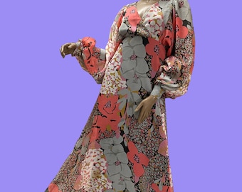 Maxi robe fleurie en mousseline des années 70, manches blousons, bohème vintage