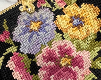 1950s tapestry floral black bag with shirt gold chain strap