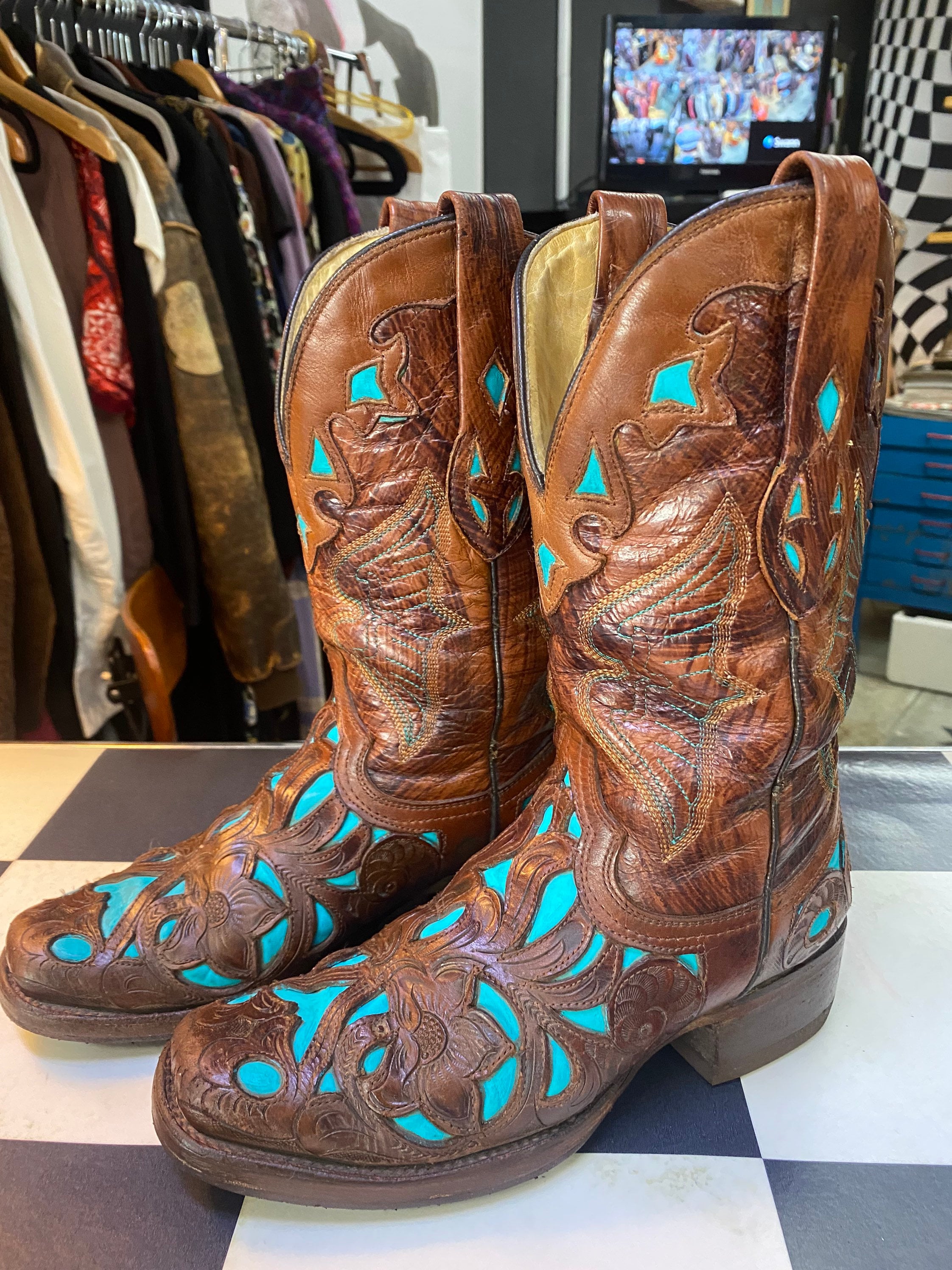Vintage Leather Tooled Corral Brand Cowboy Boots. Etsy