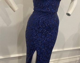 Navy beaded one shoulder evening dress, amazing condition!