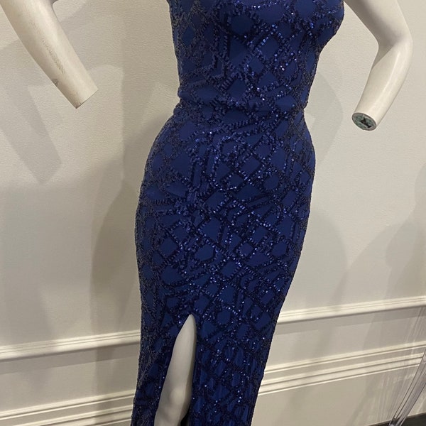 Navy beaded one shoulder evening dress, amazing condition!