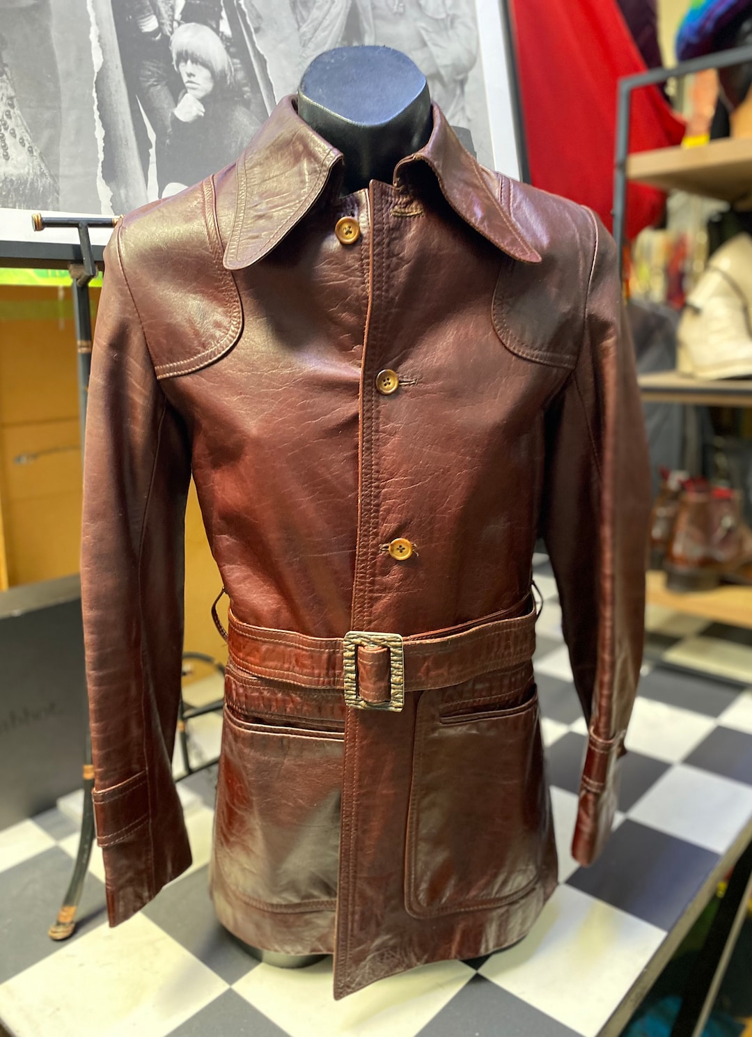 【シェビニオン】 80s genuine leather Mods coat Vintage Genuine Leather Jacket Coat Womens 13/14 (S/M