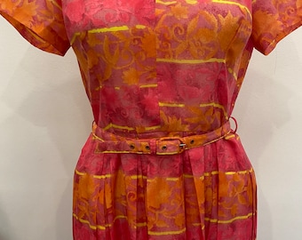 1960s Pink Belted Dress - Vintage Madmen Style, Size 8