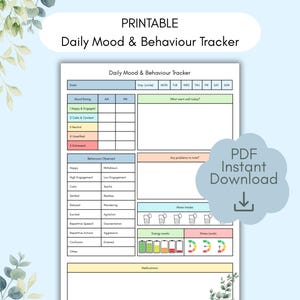 Può includere: Un tracker stampabile giornaliero dell'umore e del comportamento con sezioni per le valutazioni dell'umore, i comportamenti osservati e le note. Il design include sezioni codificate a colori e un tracker dell'assunzione di acqua. Testo: "PDF Instant Download".