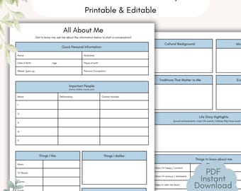 All About Me Dementia Sheet - Printable & Editable PDF | Life History Form for Carers and Caregivers