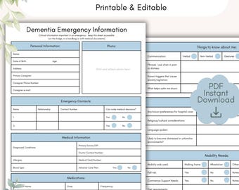 Dementia Emergency Information Sheet Printable – 2 Page Caregiver Guide | Alzheimer's Emergency PDF Download