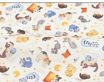 Colourful Cats stripes Cotton White Fabric,  Digital Print Cat Pattern Cotton Fabric, Cat  Fabric, Cat Love Fabric per Half Yard