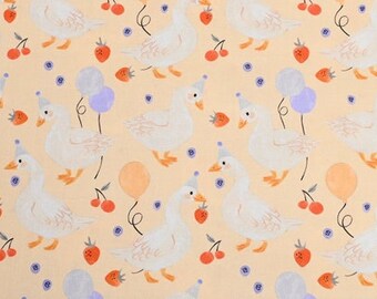 Pastel Cute Duck Cartoon Strawberry Pattern Cotton Fabric, Cute duck Fabric for bag and table cloth by Half Yard