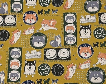 May include: A yellow fabric with a repeating pattern of dogs. The dogs are in various poses and breeds, including a Shiba Inu, a Husky, and a Bulldog. The fabric also features bones, paw prints, and other dog-related designs.