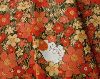 Japanese floral Sleepy Cat and floral Pattern Twill Cotton Fabric for bag and table cloth by Half Meter