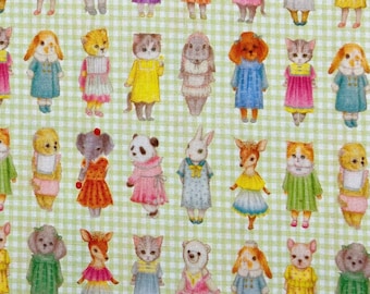 Tela de algodón con estampado retro de animales de conejo, perros y gatos, de medio metro